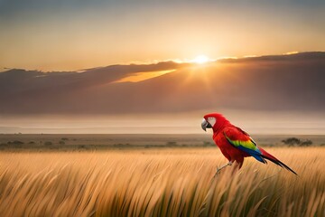 parrot  in the field during sunset generated ai