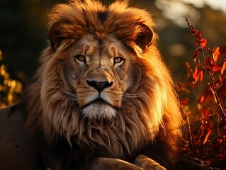 Naklejka premium A lion in the savannah at sunset, male lion, king of the wilderness generative ai