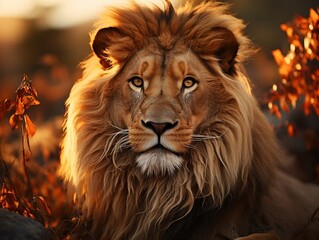 Fototapeta premium A lion in the savannah at sunset, male lion, king of the wilderness generative ai