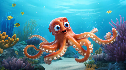 Fototapeta na wymiar Cartoon octopus gracefully drifts through the underwater realm. AI Generative