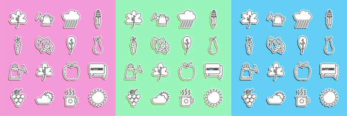 Set line Sun, Speech bubble with text autumn, Pear, Cloud rain, Leaf or leaves, Carrot, and icon. Vector