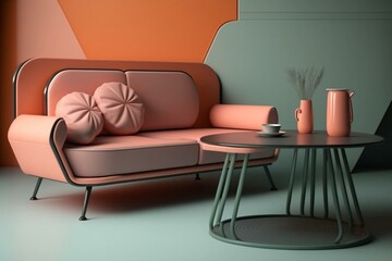 A sofa in a shade of salmon with a table made of metal. Generative AI
