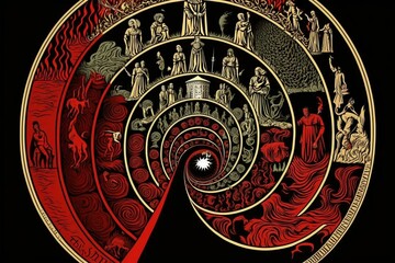 Illustration of Dante's nine circles of hell. Generative AI