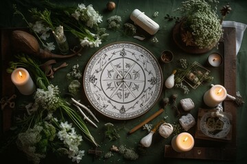 Altar setup for Imbolc Sabbath featuring Brigid's cross, candle, wheel of the year, snowdrops, sun and moon symbols. Perfect for spring pagan ritual. (Flat lay). Generative AI