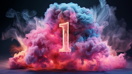 neon linear number one and colorful cloud glowing with pink blue neon light, abstract fantasy background