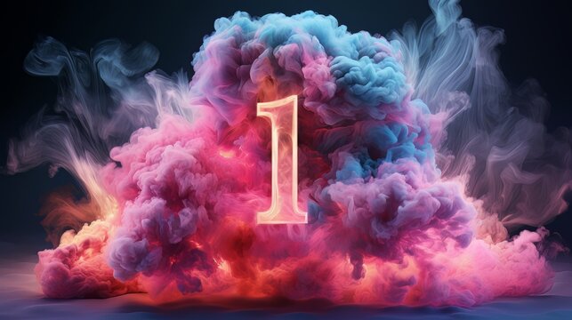 neon linear number one and colorful cloud glowing with pink blue neon light, abstract fantasy background