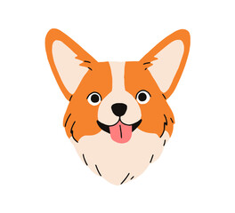 Cute dog head of Welsh Corgi breed. Happy companion doggy, canine face avatar. Funny smiling puppy with tongue, muzzle portrait. Flat vector illustration isolated on white background