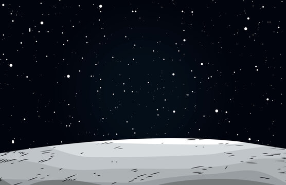 Moon surface landscape  in dark sky with stars, flat surface ,vector cartoon ... See More