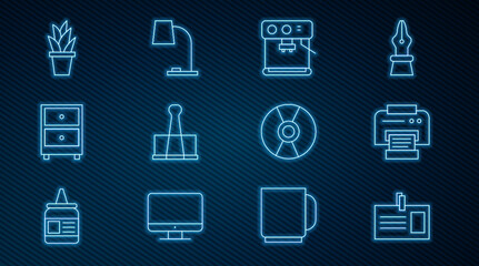 Set line Identification badge, Printer, Coffee machine, Binder clip, Drawer with documents, Plant pot, CD or DVD disk and Table lamp icon. Vector