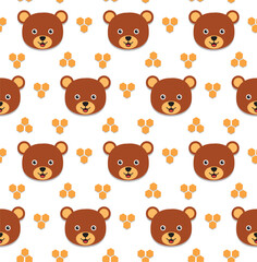 Honey bear on white background. kawaii animal kids seamless pattern design for wrapping paper, fabric and textile.