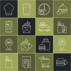 Set line Online ordering burger delivery, Cafe and restaurant location, Round the clock, Asian noodles chopsticks, Chef hat and Fast by car icon. Vector