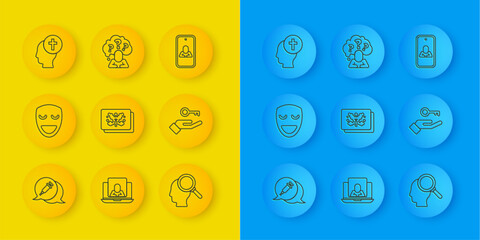 Set line Addiction to the drug, Comedy theatrical mask, Rorschach test, Finding problem, Solution, Man graves funeral sorrow, Psychologist online and Head with question mark icon. Vector