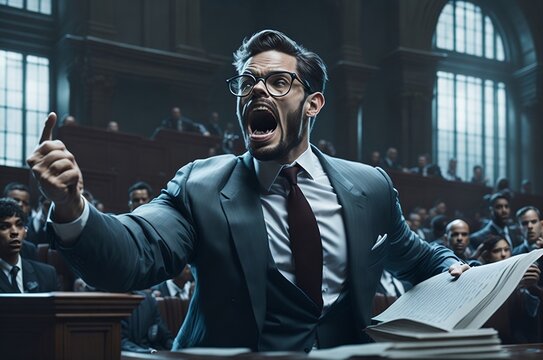 A determined lawyer in a courtroom, passionately arguing a case