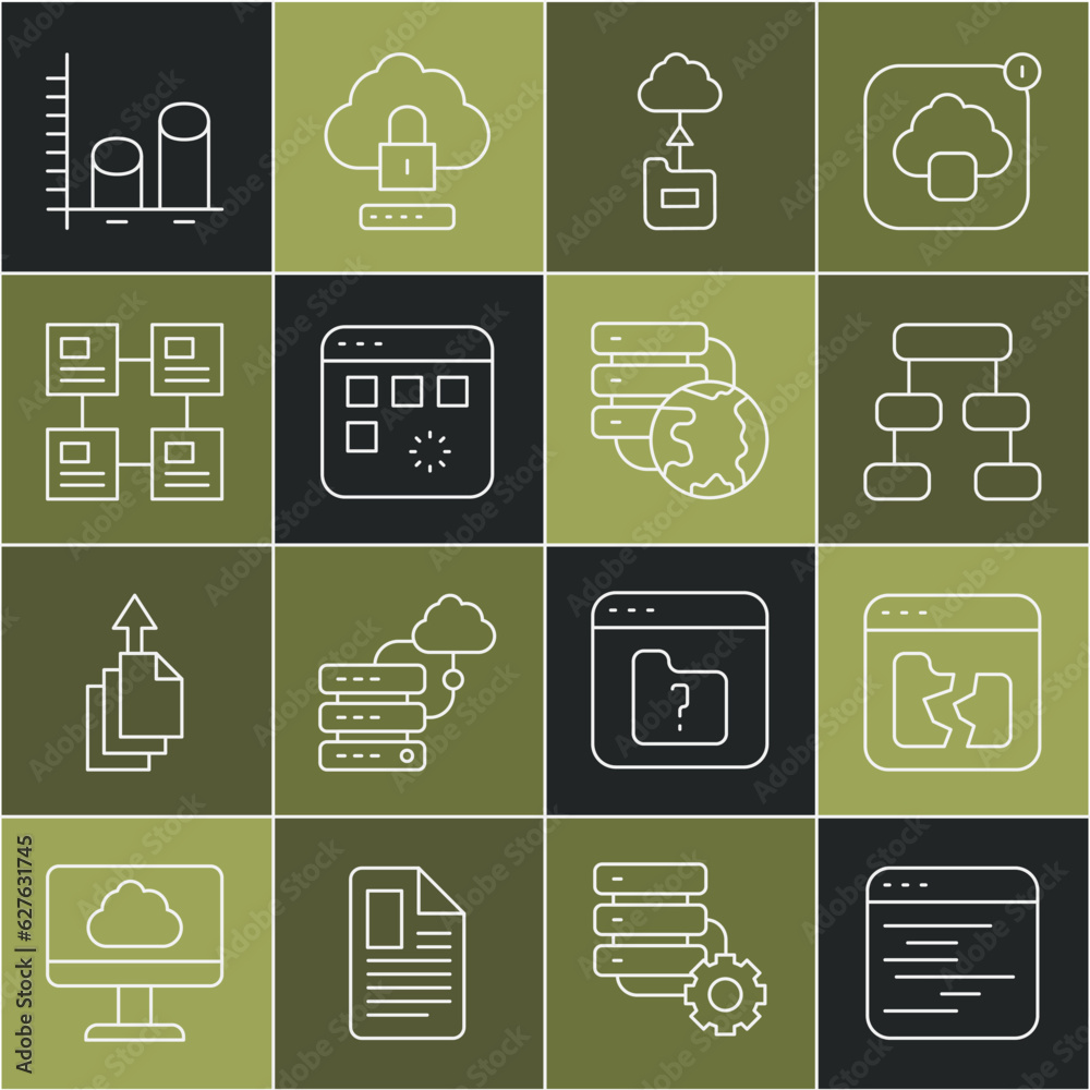 Aufkleber set line software, broken file, hierarchy organogram chart, cloud technology data transfer, loading 