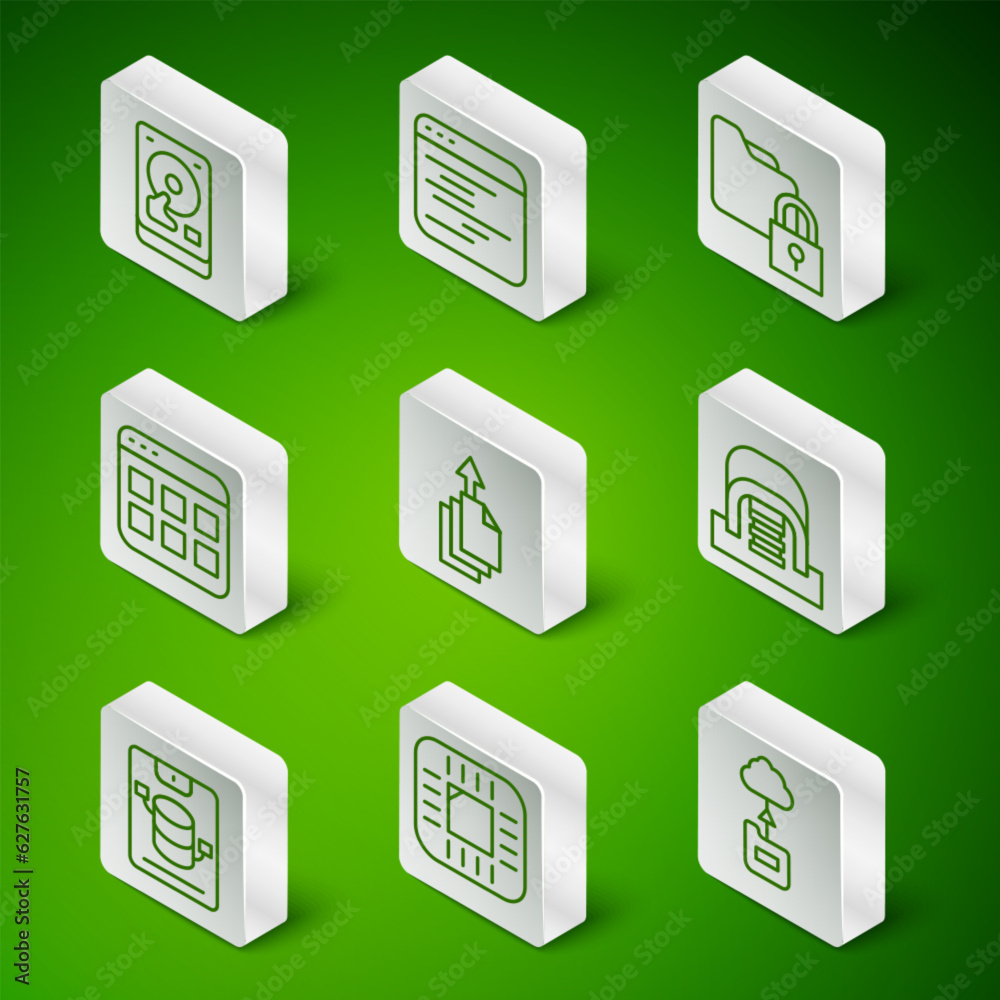 Poster set line cloud technology data transfer, processor with cpu, hard disk drive hdd, data export, brows