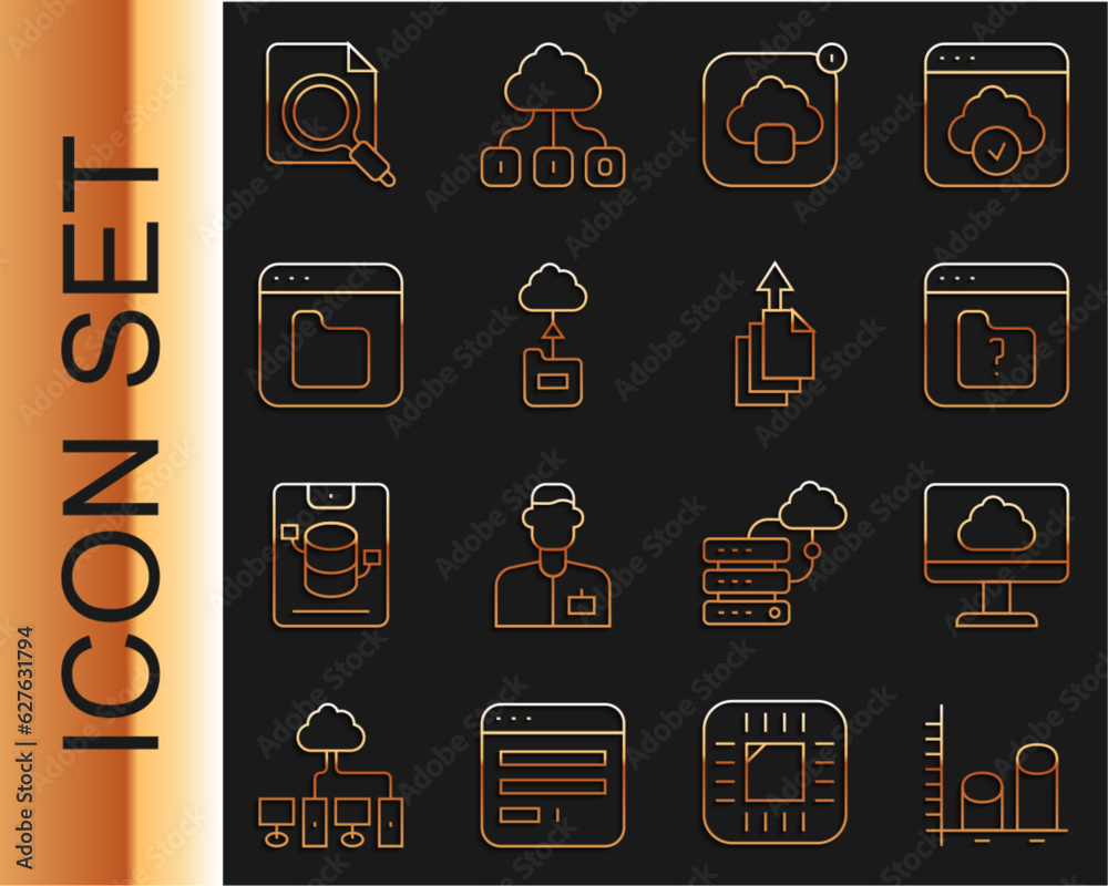 Poster set line data analysis, cloud technology data transfer, file missing, browser files, search concept 