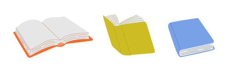 Set of books isolated on white background. Various books collection in flat style illustration. Hand drawn educational concept. Vector illustration of book from different angles, open and closed.