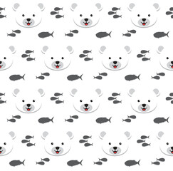 Polar bear and fish silhouette on white background. kawaii animal kids seamless pattern design for wrapping paper, fabric and textile.