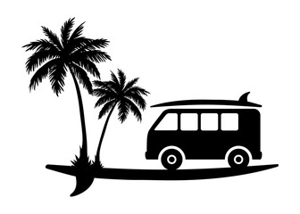 Logo vacaciones de verano. Club de surf. Silueta de tabla de surf con furgoneta de playa con dos palmeras