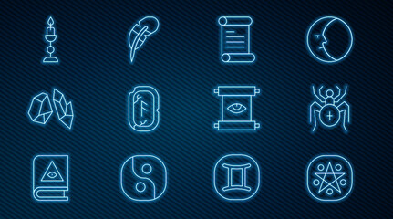 Set line Pentagram in a circle, Spider, Decree, parchment, scroll, Magic runes, stone, Burning candle, Ancient magic and Feather pen icon. Vector