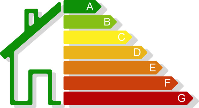 Housing energy efficiency rating certification system. Energy class concept with house and consumption bar. Graphic certification system element. Eco chart