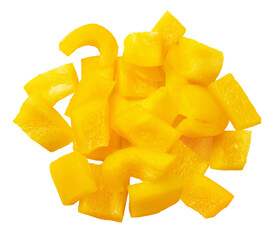 Yellow pepper isolated. Sliced pieces of Bulgarian pepper on a transparent background, top view.