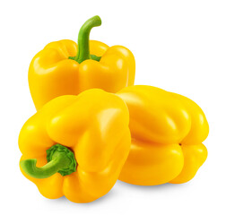 Yellow peppers isolated. Three Bulgarian sweet peppers on a transparent background.