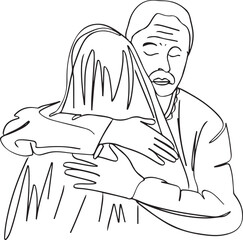 ine Art Sketch of an Indian Father Embracing His Daughter at the Vidai Ceremony, Tears of Joy: Line Art Drawing Capturing the Emotional Vidai Ceremony of an Indian Doctor Bride