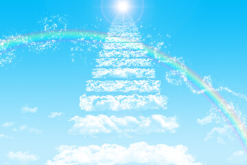 青空にかかる雲の階段と虹