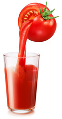 Glass of tomato juice and pouring juice from ripe red tomato isolated on white background. Conceptual picture.