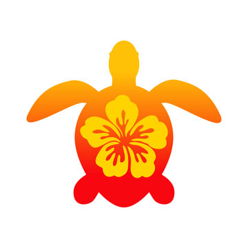Logo vacaciones en Haw&aacute;i. Silueta de flor de hibisco en tortuga marina