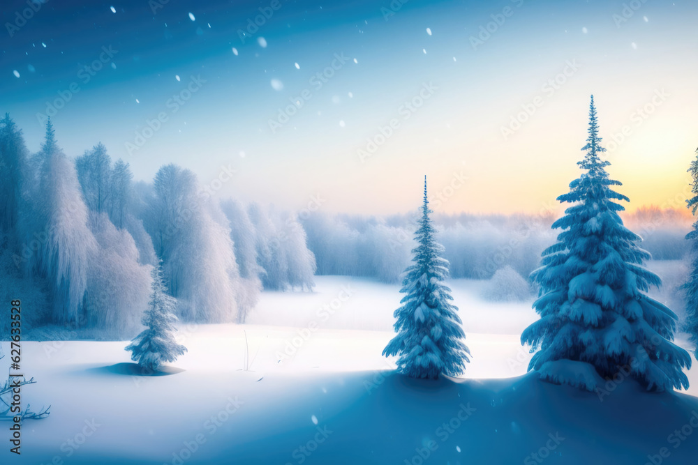 Poster beautiful winter landscape with fir trees in a snowy forest. ai generated.