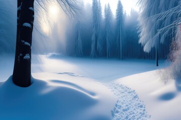 Beautiful winter morning landscape with a path between snow-covered trees. Winter forest. AI generated.