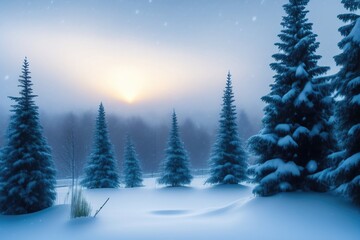 Obraz premium Beautiful winter landscape with fir trees in a snowy forest. AI generated.
