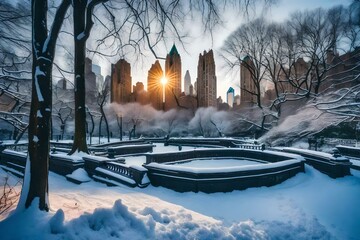 Central Park, NY covered in snow at dawn