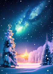 Beautiful winter evening landscape with northern lights. AI generated.
