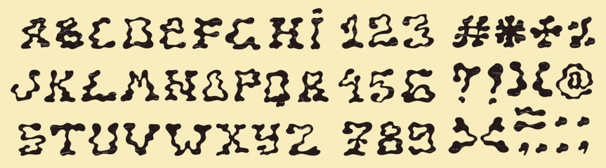 Grunge alphabet, numbers, and symbols. Set of funky letters. Vector.