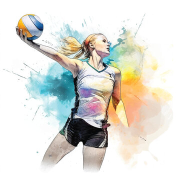 Volleyball player watercolor paint.