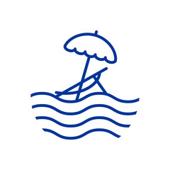 Logo vacaciones de verano. Silueta lineal de parasol abierto con silla de playa con olas de mar © teracreonte
