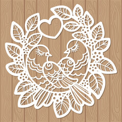 Love birds sit among the branches with a heart. Template for laser cutting of paper, cardboard, wood, metal. For Valentine's Day design, wedding cards, invitations, stickers, stencils, silk screen pri - obrazy, fototapety, plakaty
