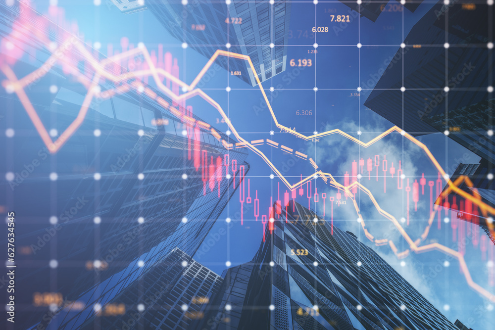 Aufkleber abstract falling forex chart with index on blurry city backdrop. crisis and declining trade concept.