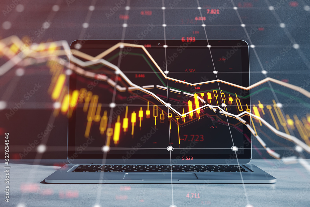 Poster Close up of laptop computer at workplace with falling forex chart with index on blurry background. Crisis and declining trade concept. Double exposure.