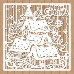 Merry Christmas. Winter landscape with houses, Christmas trees and snowflakes. Template for laser cutting of paper, cardboard, wood, metal. For the design of Christmas and New Year cards, invitations,