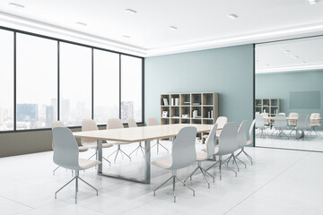 Perspective view of light modern meeting room with panoramic city view window on background, grey floor and large office desk. 3D Rendering