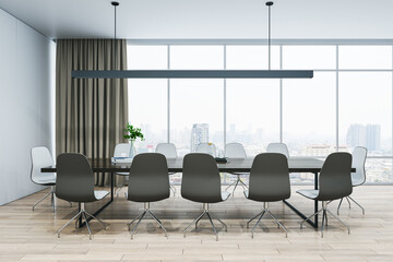 Front view of light modern meeting room with panoramic city view window on background, large office desk, wooden floor and white walls. 3D Rendering