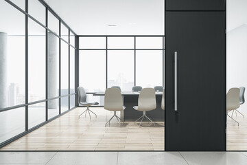Front view of modern office meeting room with glass wall, panoramic window, wooden floor and entrance door. 3D Rendering