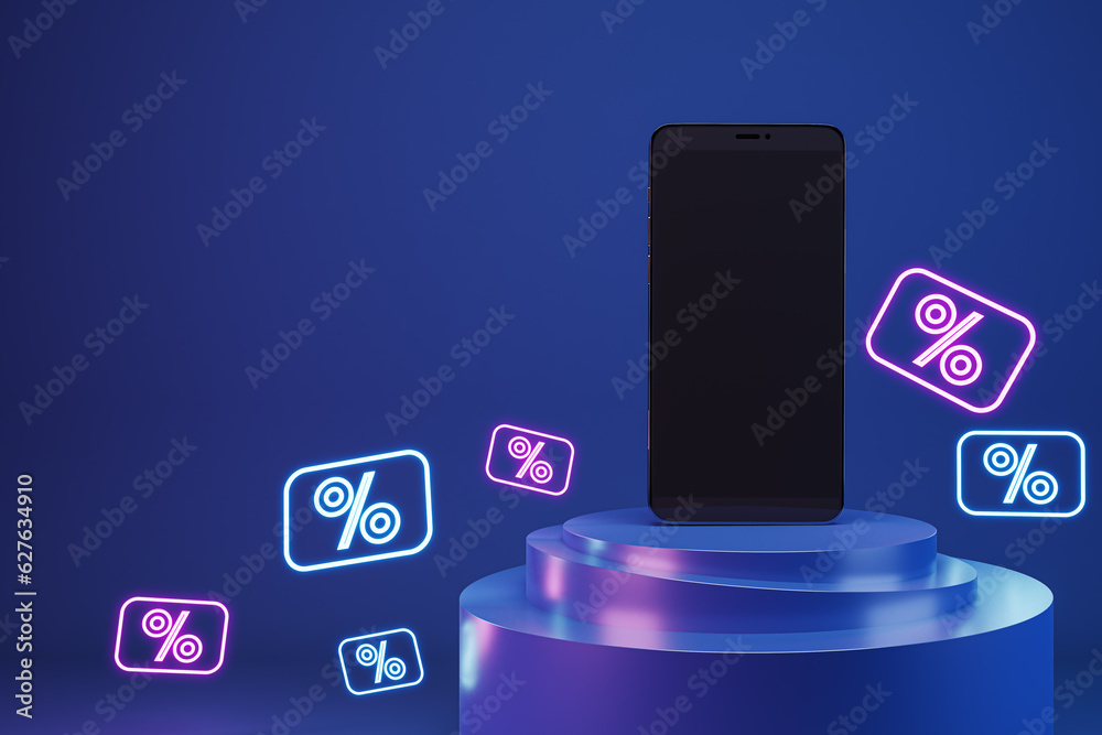 Poster online sale concept with blank dark modern smartphone screen with place for your logo or text on blu