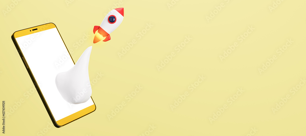 Poster Creative yellow background with flying rocket, smartphone and mockup place. SEO, startup and web development concept. 3D Rendering.