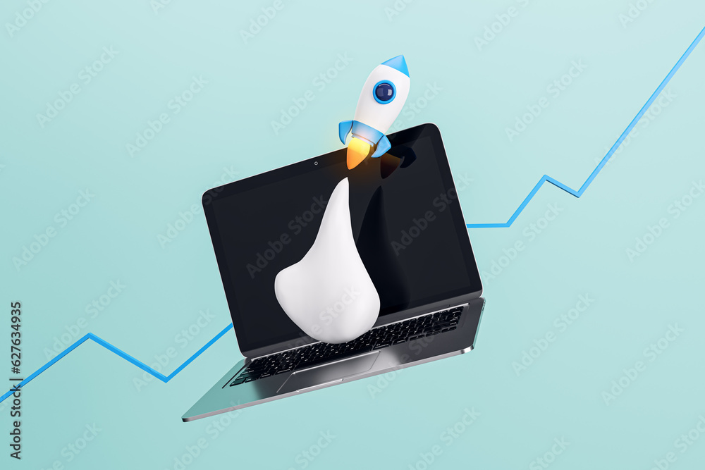 Poster Creative blue backdrop with flying rocket and laptop. SEO, startup and web development concept. 3D Rendering.