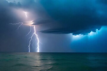 lightning and storm on sea to the sunset - bad weather